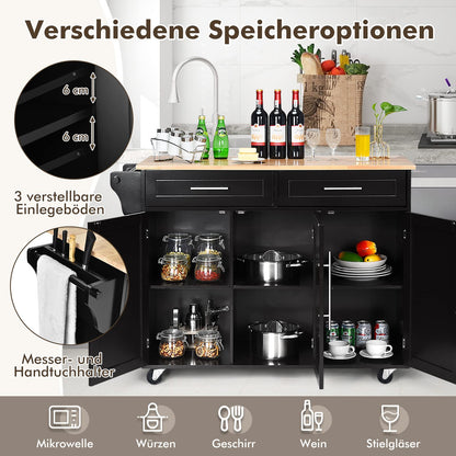 COSTWAY Kitchen Cart on Wheels, Kitchen Serving Trolley with Drawers, Kitchen Island Cart Buffet Cabinet Wood, Kitchen Cabinet with Countertop (Black)