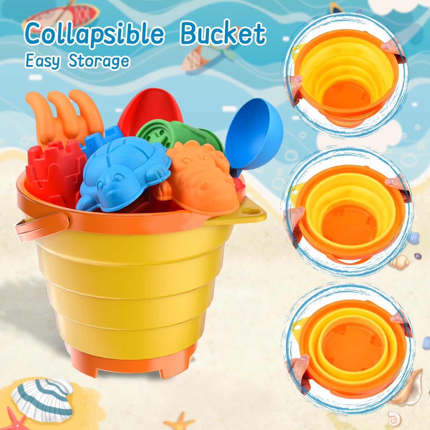 Sotodik 19-Piece Sandbox Toy Set, Travel Sandbox Toy with Folding Bucket for Kids, Sandbox Beach Toys Sand Molds, Outdoor Toys for Boys and Girls Ages 3 4 5 6 7+