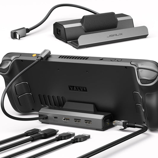 JSAUX Steam Deck Dock 5-in-1 docking station compatible with Valve Steam Deck/OLED/ASUS ROG Ally X/Legion Go S/MSI Claw. Features HDMI 4K@120Hz, two USB 2.0 ports, 100Mbps Ethernet, and 100W PD charging. Model HB0602.