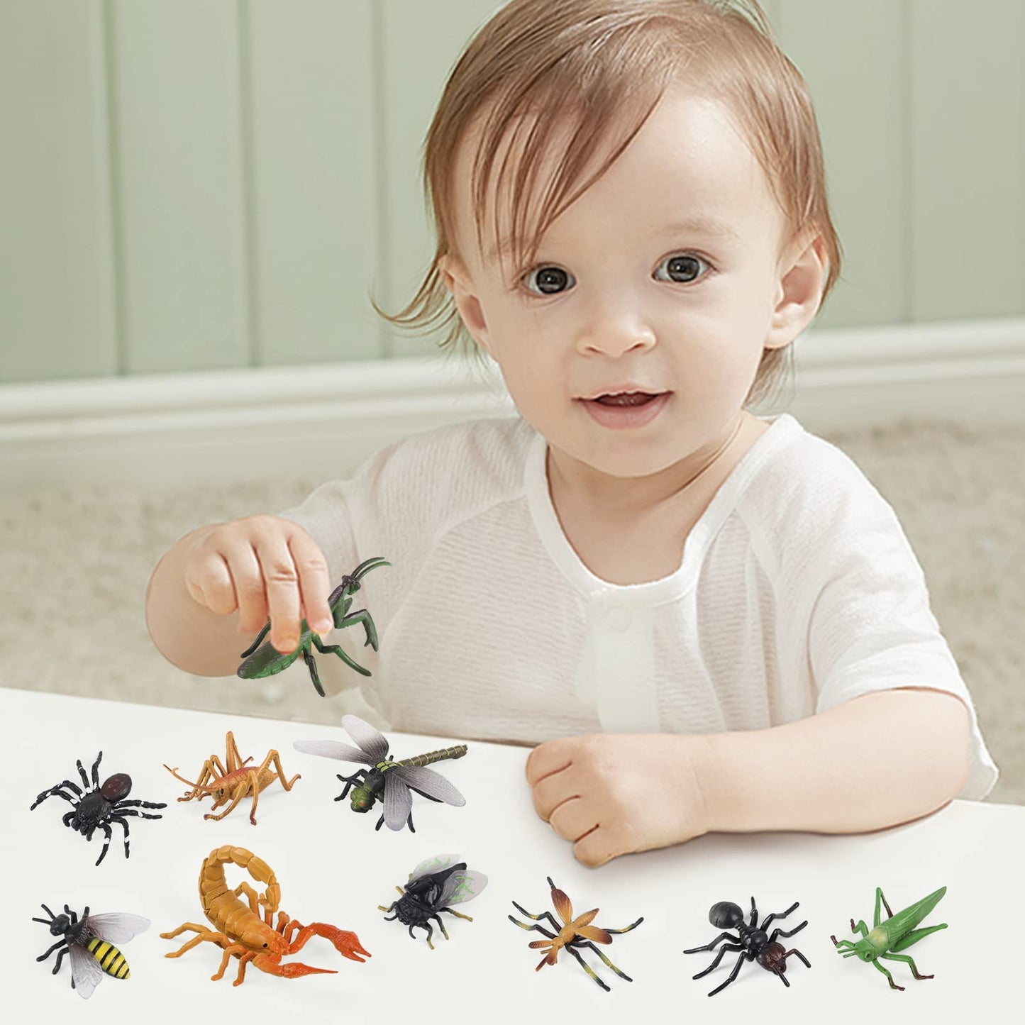 Realistic insect toy figures set of 12 pcs, featuring a ladybug, bee, butterfly, ant, cricket, praying mantis, scorpion, and spider. Great for school projects, Halloween, insect-themed parties, and party favors.