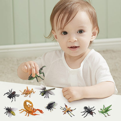 Realistic insect toy figures set of 12 pcs, featuring a ladybug, bee, butterfly, ant, cricket, praying mantis, scorpion, and spider. Great for school projects, Halloween, insect-themed parties, and party favors.