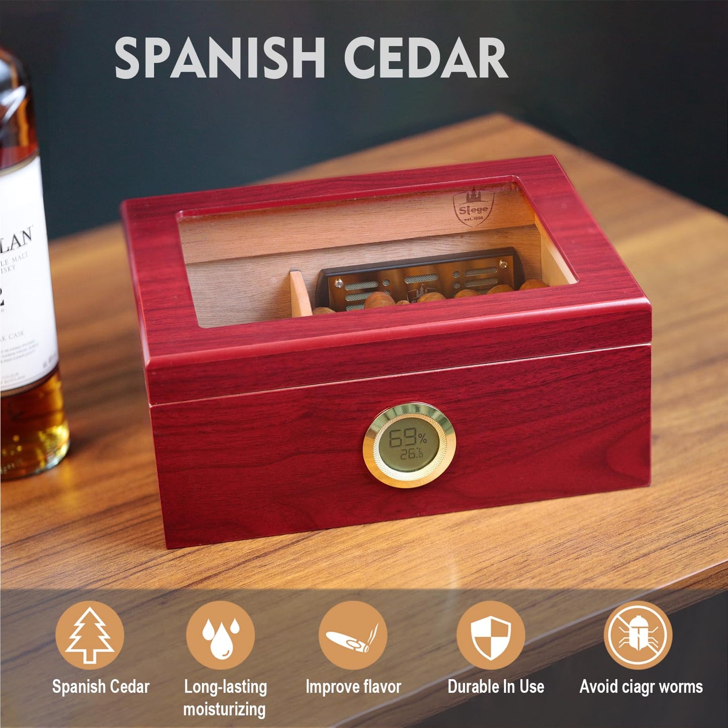 Slege Cigars Humidor, Spanish Cedar Humidor Cigars, Cigar Cabinet with Digital Hygrometer, INOX Humidifier, Divider, Cigar Box Cigar Accessories, Men's Gift, 30-50 Cigars (Cherry Red)
