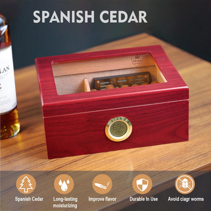 Slege Cigars Humidor, Spanish Cedar Humidor Cigars, Cigar Cabinet with Digital Hygrometer, INOX Humidifier, Divider, Cigar Box Cigar Accessories, Men's Gift, 30-50 Cigars (Cherry Red)