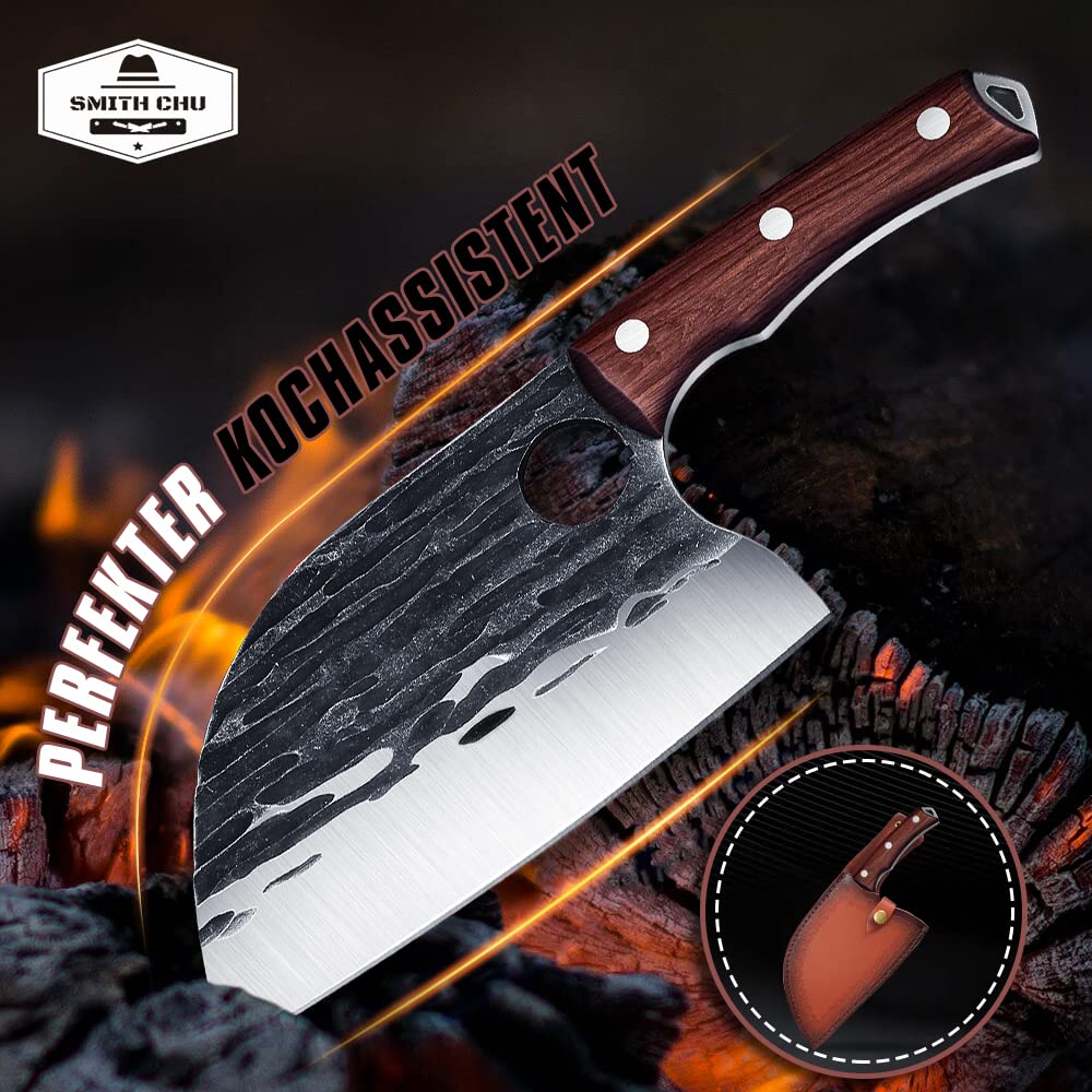 SMITH CHU cleaver Serbian butcher knife hand-forged chef knife kitchen knife meat cleaver sharp boning knife with leather sheath full tang outdoor for BBQ camping