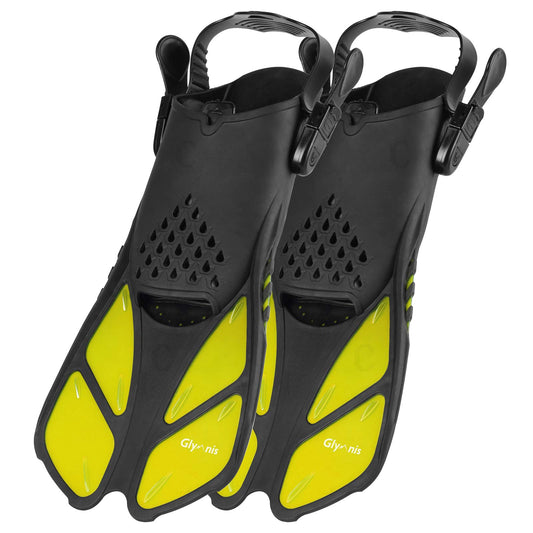 Glymnis Adjustable Swim Fins for Adults and Kids, Short Diving Fins for Diving Swimming Snorkeling (Black/Yellow, S/MD)