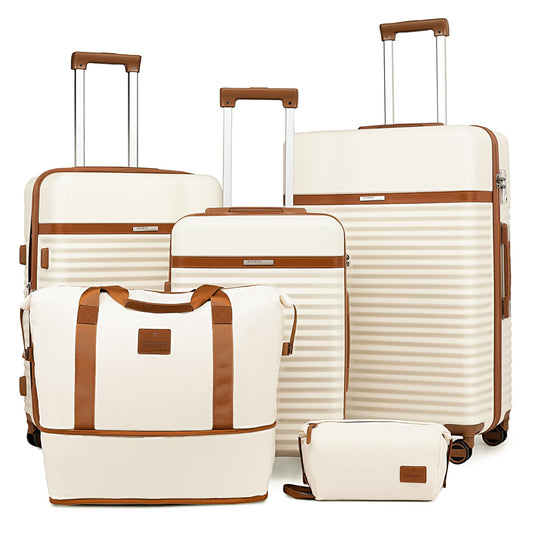 Joyway 5-piece luggage set made of ABS hard shell with expandable trolley, 4 wheels, and TSA lock. The luggage set includes 1 duffel bag and 1 toiletry bag. White color.