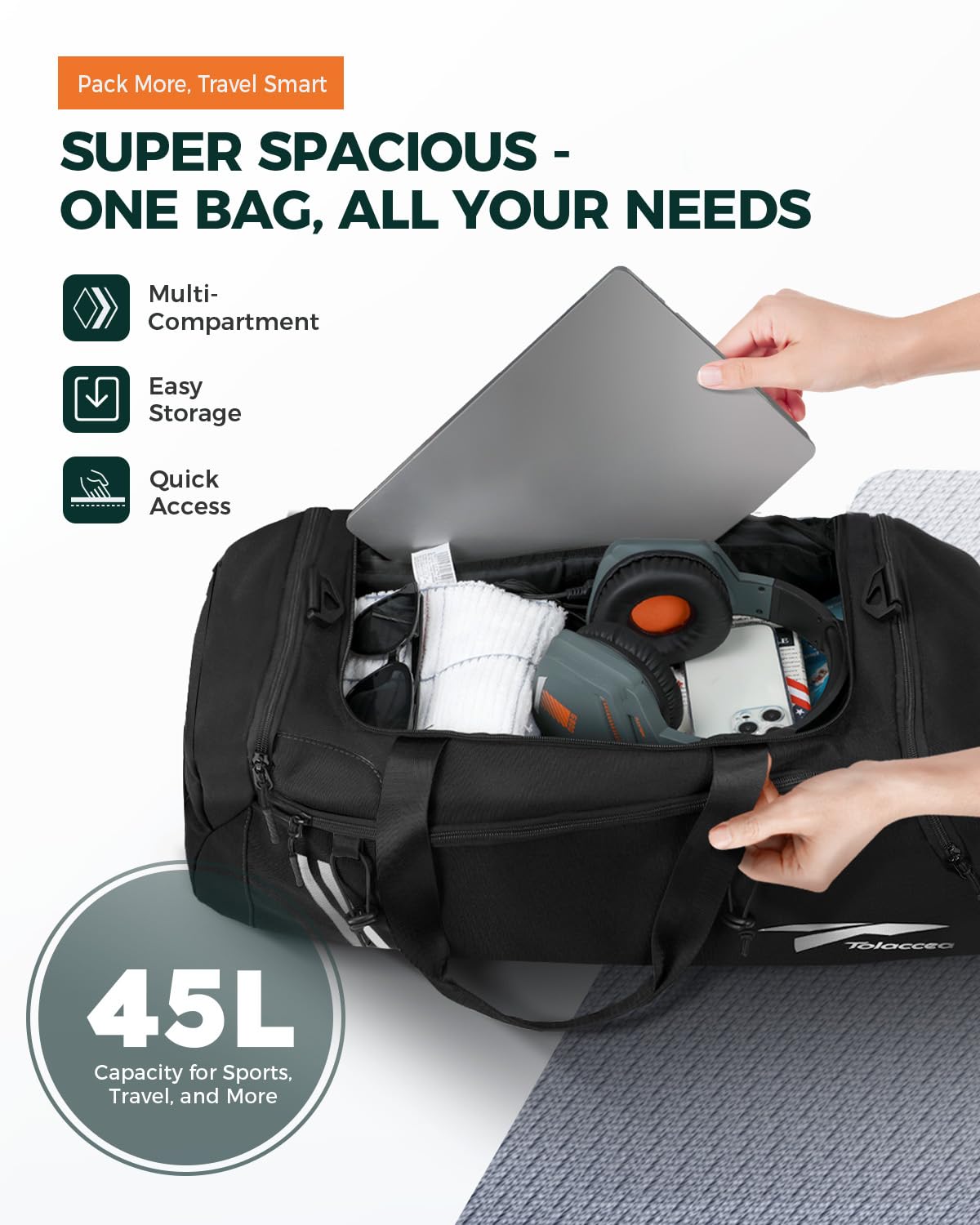 Tolaccea sports bag for men with backpack function, large 45L sports backpack with shoe compartment and wet compartment, women's duffel bag for gym, sauna, soccer, swimming, and gym (black).