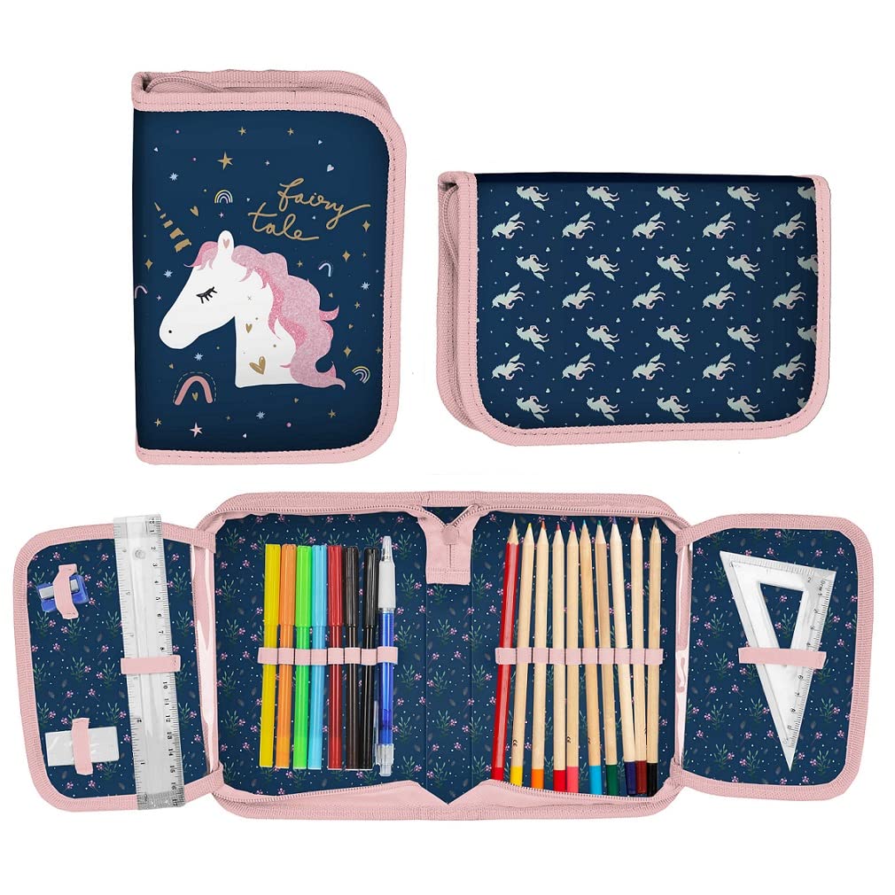 Familando Girl's School Backpack Set Magic Unicorn, 8 pieces, ergonomic backpack with reflectors, suitable from 1st grade with pencil case and sports bag (Unicorn)