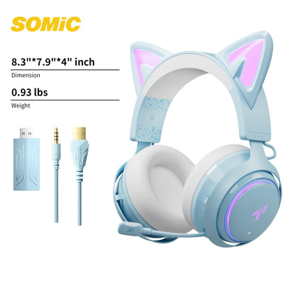Somic Cat Ear Headphones, 2.4G/Bluetooth Wireless Gaming Headset for PS5, PS4, PC with RGB lights and retractable microphone, 10 hours playtime, for laptop, smartphone - GS510 Pro in Blue.