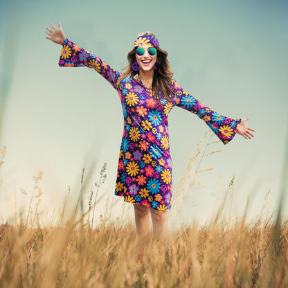 MRYUWB Women's Hippie Dress, 1970s Costume, with Necklace, Earrings, Sunglasses, Disco Outfit, 1960s Party Costume, Halloween Retro Dress, Purple, XXL.