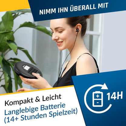 KLIM Nomad CD Player Bluetooth - Portable CD player Discman with long-lasting battery - Includes headphones - CD-R, CD-RW, MP3 - With TF reader, FM radio - Great for cars - Portable CD player Diskman