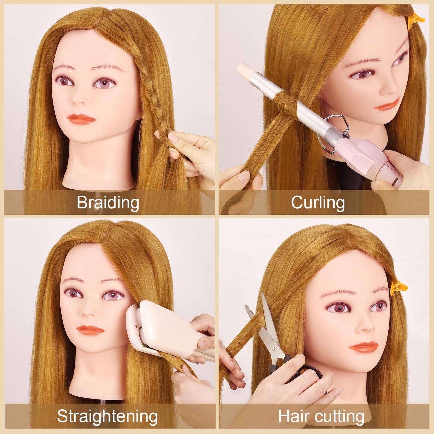 TopDirect Styling Head, 66cm/26 inch doll head for styling long hair, 70% human hair training head, hairdressing mannequin with braiding aid & stand, gold