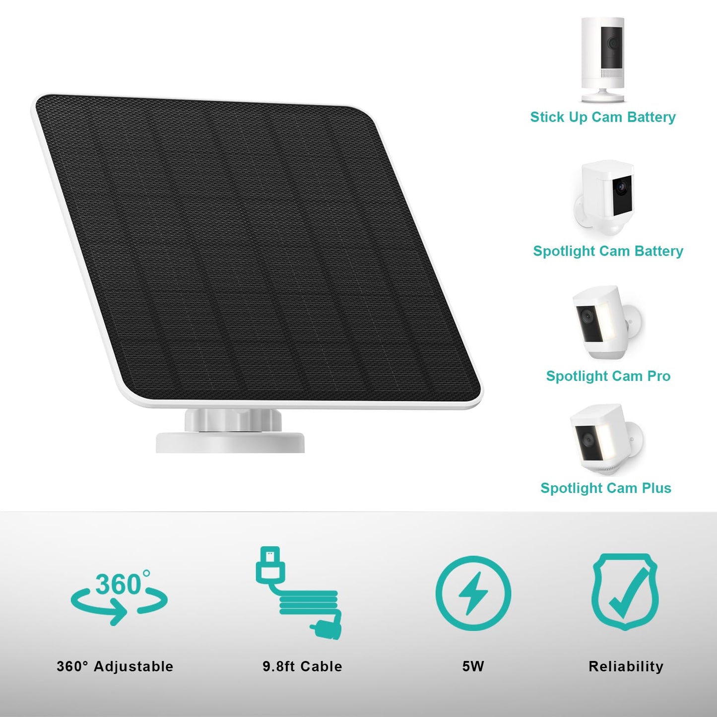5W solar panel for Ring camera, solar charger compatible with Ring Stick Up Cam/Pro battery, Spotlight Cam Plus/Pro battery. Camera solar panel includes barrel plug to USB-C adapter, pack of 2.
