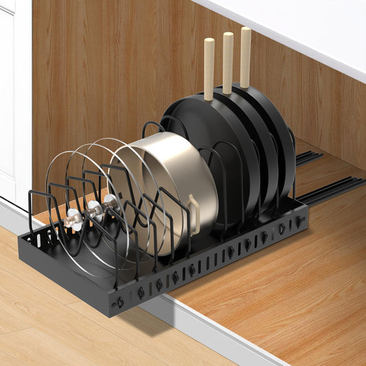 FLSEPAMB Pot Lid Holder, Expandable Lid Holder Drawer with 10 Adjustable Compartments, Metal Pot Lid Organizer for Kitchen Utensils, Pans, Pots, Lids (Black)