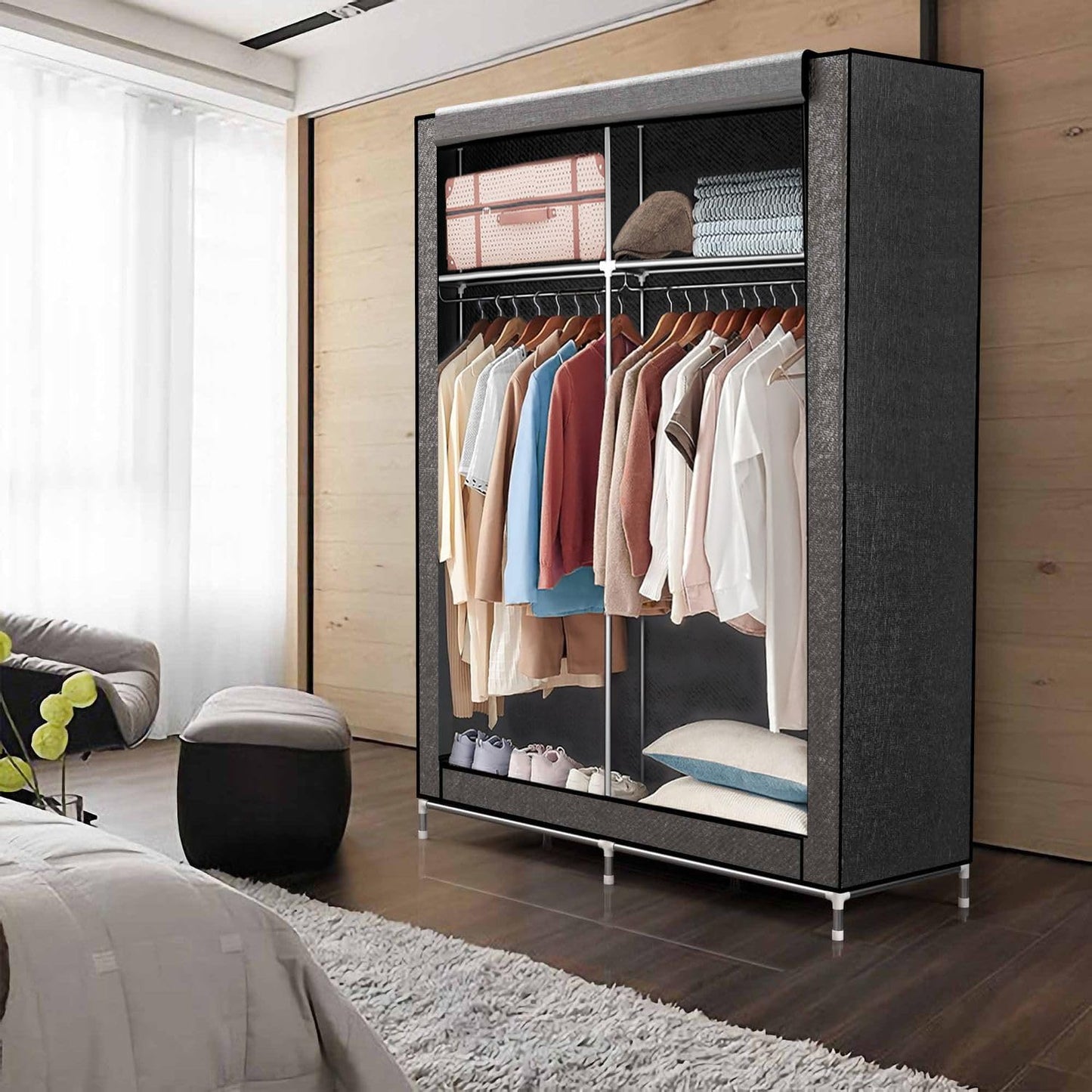INTIRILIFE Folding Wardrobe 108x45x170 cm in GREY - Fabric wardrobe with zipper and clothes rail, side pocket and compartments - Shelving unit, metal frame, storage.