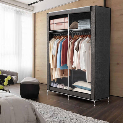 INTIRILIFE Folding Wardrobe 108x45x170 cm in GREY - Fabric wardrobe with zipper and clothes rail, side pocket and compartments - Shelving unit, metal frame, storage.