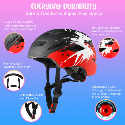 RaMokey Kids Bike Helmet, Bike Helmet with Light for Kids, Lightweight Kids Helmet with Adjustable Dial for Girls and Boys 50-56CM (ages 5-14) (Black+Red)