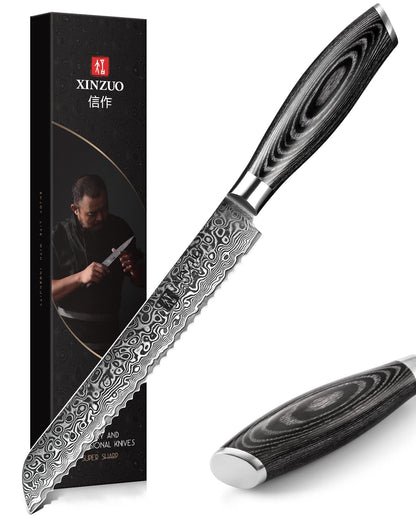 XINZUO 20cm Damascus steel bread knife - sharp and durable serrated blade professional kitchen knife - ergonomic Pakkawood handle with gift box - suitable for all types of bread and cake.
