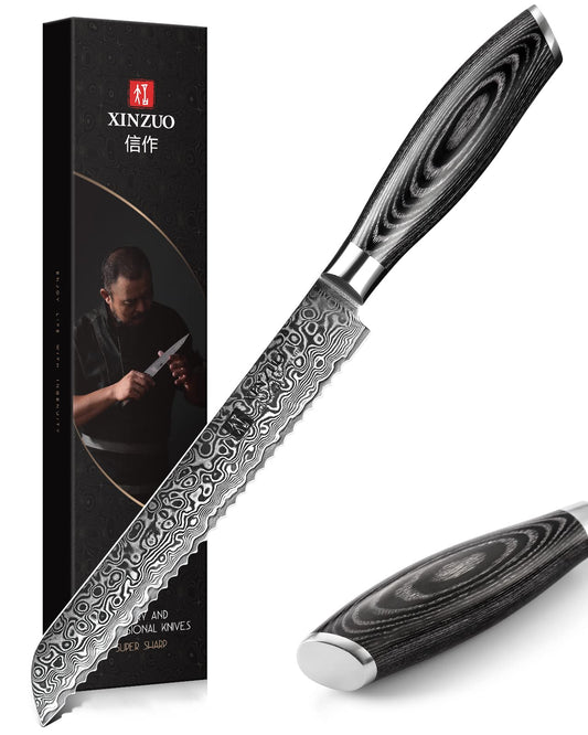 XINZUO 20cm Damascus steel bread knife - sharp and durable serrated blade professional kitchen knife - ergonomic Pakkawood handle with gift box - suitable for all types of bread and cake.