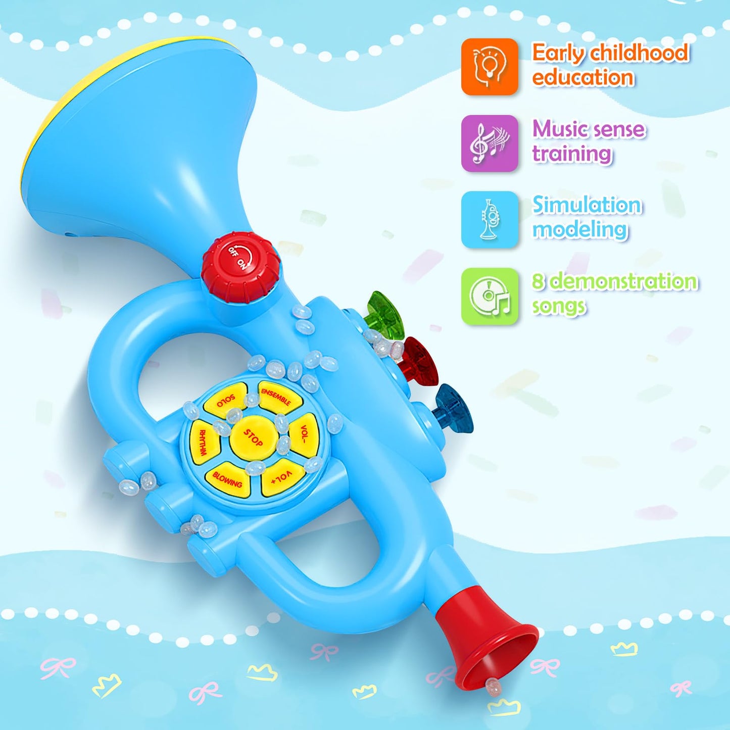 Children's trumpet toy, Luckits Portable Trumpet Horn with Music, Plastic Kids Trumpet Toy with Light Music, Song List, Trumpet Toy Gift for Boys Girls (Blue)