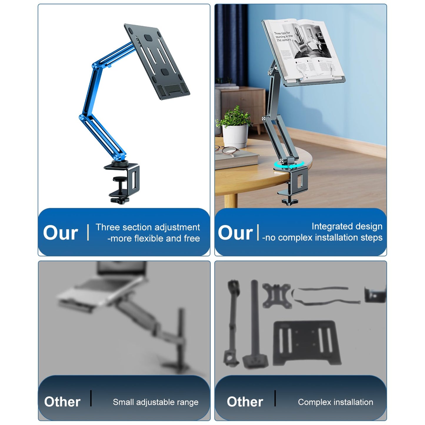 Adjustable laptop stand with 360° swivel arm, made of aluminum. Suitable for tablets and laptops from 10-16 inches. Foldable and perfect for your desk.