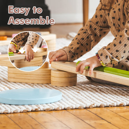 BanaSuper Wooden Toddler Balance Beam Colorful Obstacle Stones Montessori Toy for Kids Balance Training Gymnastics Obstacle Children Balance Board (Balance Beam with Stepping Stones)