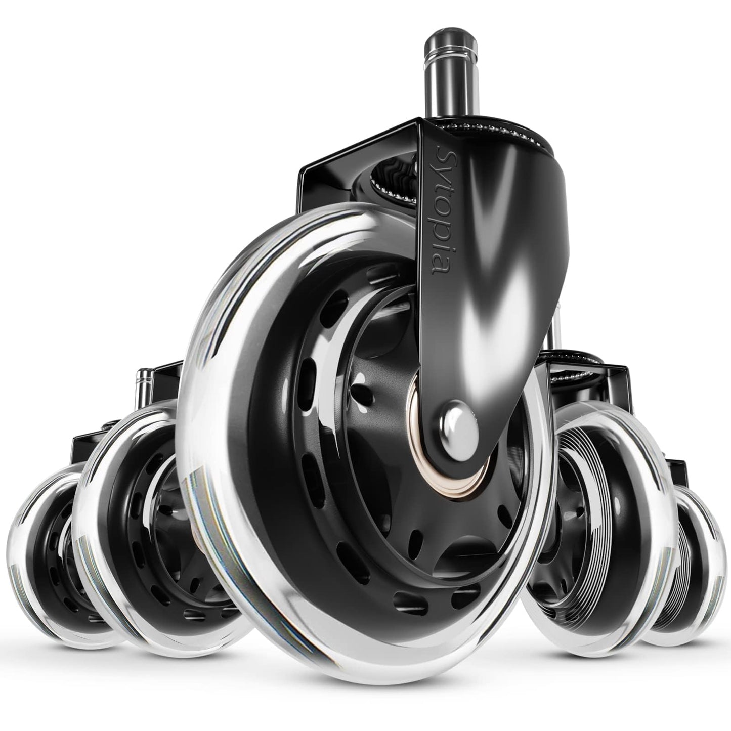 Sytopia office chair casters with 10mm x 22mm stem, set of 5 large casters for office chairs, super quiet and soft hard floor casters, only compatible with IKEA office chairs, matte black, 90mm height