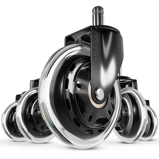 Sytopia office chair casters with 10mm x 22mm stem, set of 5 large casters for office chairs, super quiet and soft hard floor casters, only compatible with IKEA office chairs, matte black, 90mm height