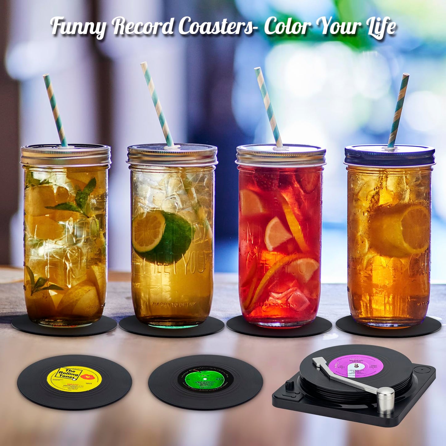 Valdivia retro vinyl record coasters with holder, set of 6 coasters for drinks, bars, parties, office, cafes, tea, cool home decor, and unique housewarming gifts.