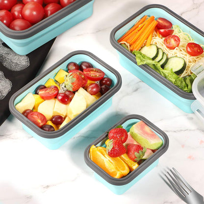Collapsible silicone storage container with lid, portable bento box for space-saving, microwave-safe, set of 4, blue and grey.
