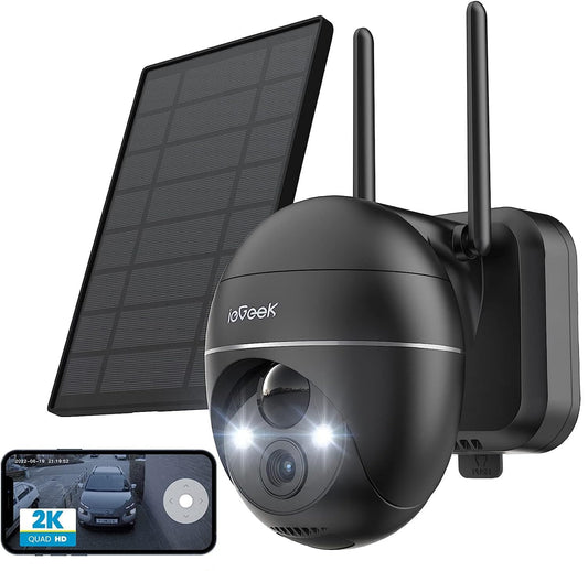 ieGeek 2K Solar Outdoor Security Camera with Battery, 355°/140° Pan Tilt Wireless Surveillance Camera with Color Night Vision, PIR Motion Sensor, Siren/White light alarm, 2-way Audio, IP65, Cloud/Storage Card.