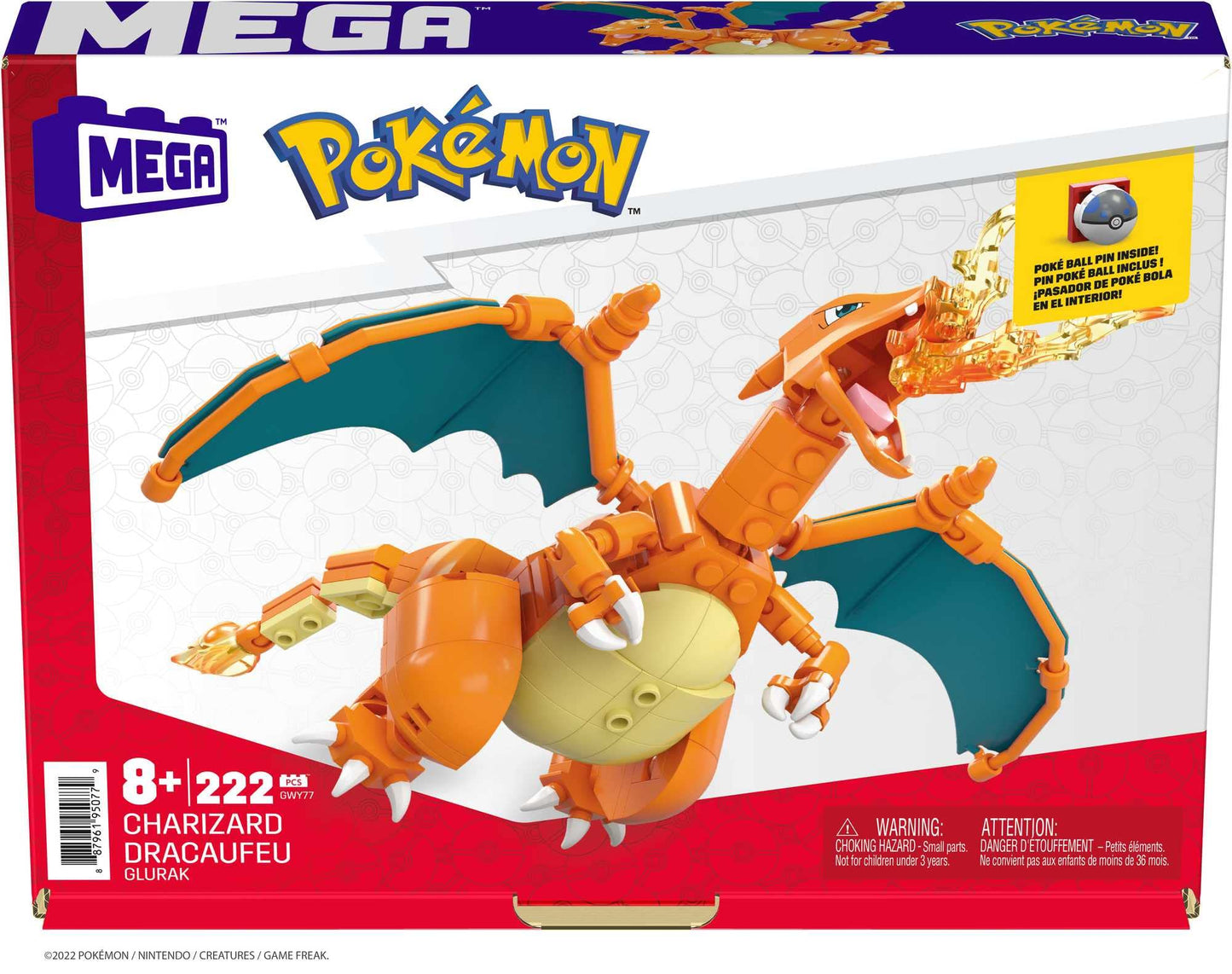 Mega Charizard Pokémon figure with 223 pieces to build, featuring movable wings and a Pokéball pen. Suitable for ages 6 and up. GWY77.