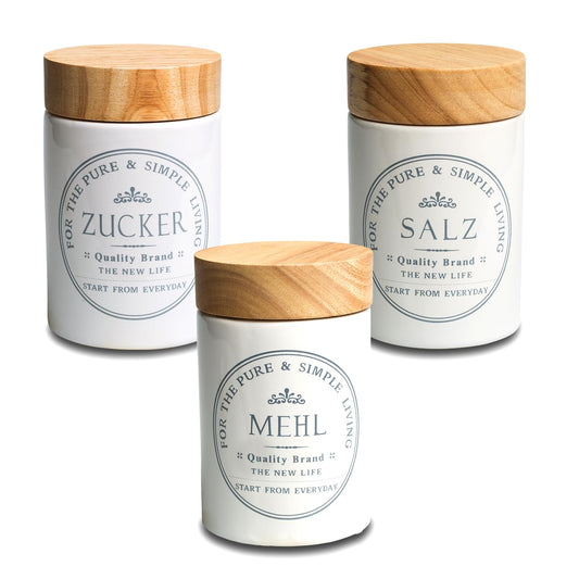 KHG flour sugar salt storage set storage containers containers capacity each 1 liter kitchen storage stoneware ceramic white wooden lid bamboo country vintage style airtight labeled glossy