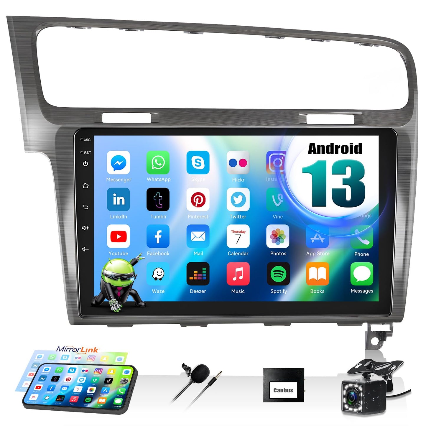 CAMECHO Android car radio with navigation for VW Golf 7 2013-2018, double din car radio 10 inch screen with Bluetooth and USB WiFi FM/RDS MirrorLink + rear view camera