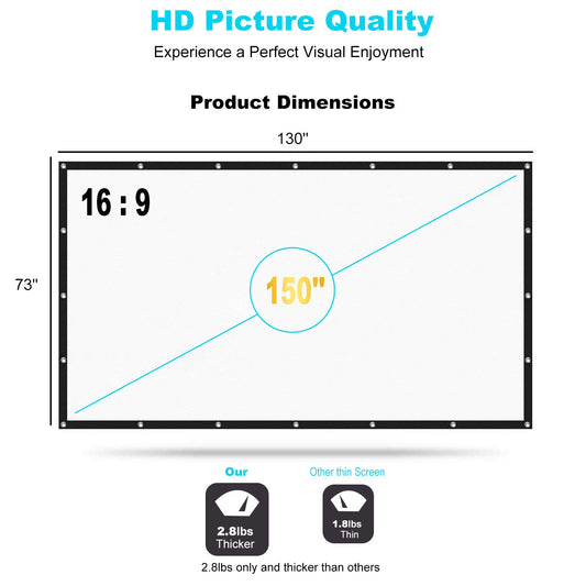 150 inch projector screen, TOWOND 16:9 HD projector screen. Foldable and portable anti-wrinkle double-sided outdoor movie screen. Indoor projection for home theater 130x73 inch.