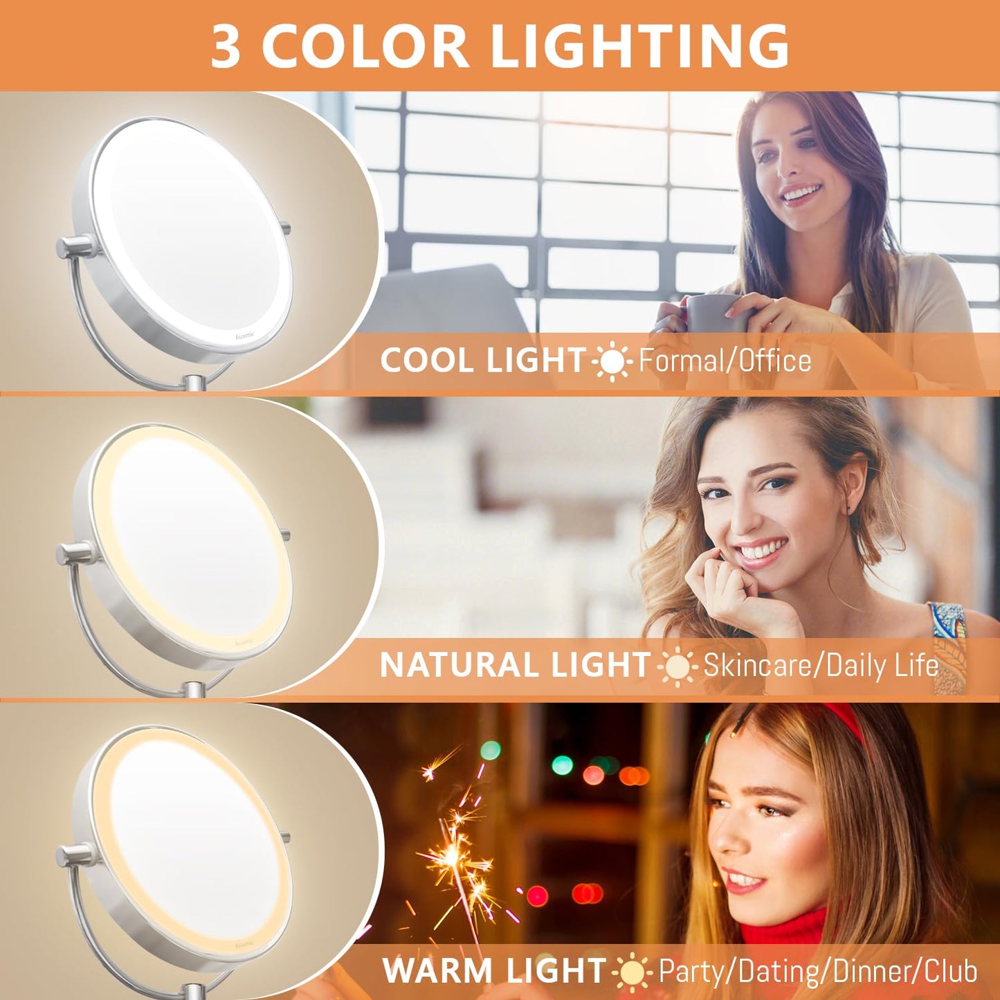 Auxmir makeup mirror with LED lighting, 1X / 5X magnification, double-sided stainless steel vanity mirror, wall-mounted for bathroom, spa, and hotel.