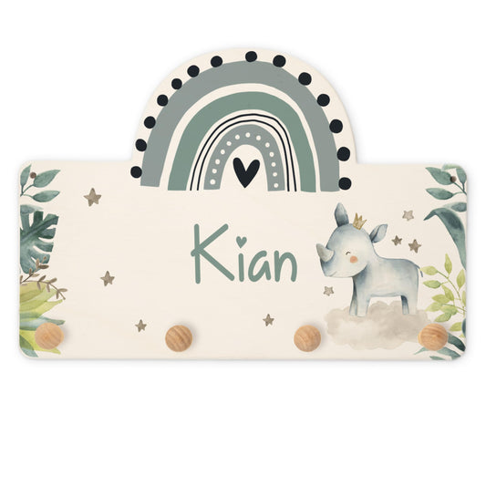 KIDSMOOD personalized wall coat rack with custom name, wooden hooks with cute animal design for nursery, unique coat rack for children's room.
