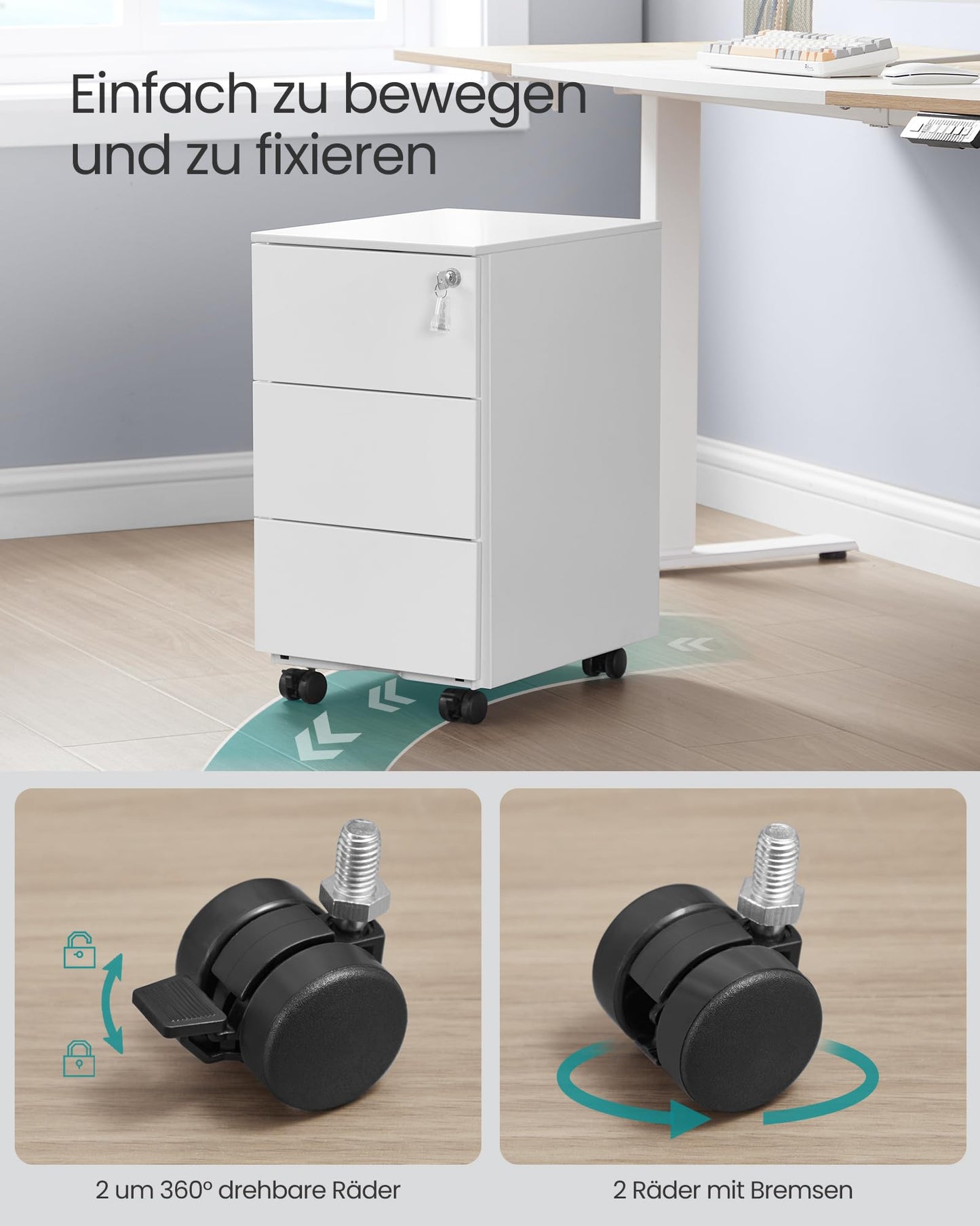SONGMICS Drawer Cabinet, Rolling File Cabinet, Mobile Filing Cabinet, Metal Cabinet, Printer Stand, Lockable, 3 Drawers, Pre-Assembled, Office, Home Office, 40 x 30 x 54 cm, Matte White OFC079W01