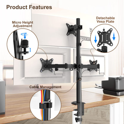 PUTORSEN Triple Monitor Mount for 13-32 inch Flat & Curved Screens, 80cm Pole Desk Mount Swivel Tilt Height Adjustable, 9kg per Arm, VESA 75x75/100x100, Black