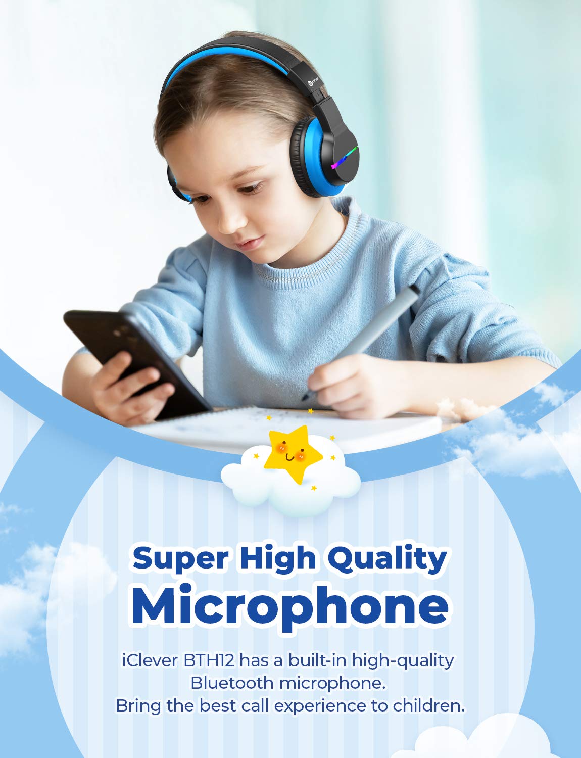 iClever Bluetooth Kids Headphones, Colorful LED Lights, Over-Ear Headphones with 74/85dBA Volume Limiting, 85 Hours Playtime, Bluetooth 5.2, Built-in Microphone BTH12