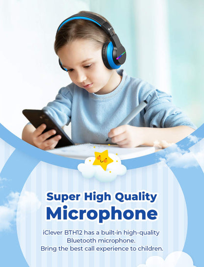 iClever Bluetooth Kids Headphones, Colorful LED Lights, Over-Ear Headphones with 74/85dBA Volume Limiting, 85 Hours Playtime, Bluetooth 5.2, Built-in Microphone BTH12