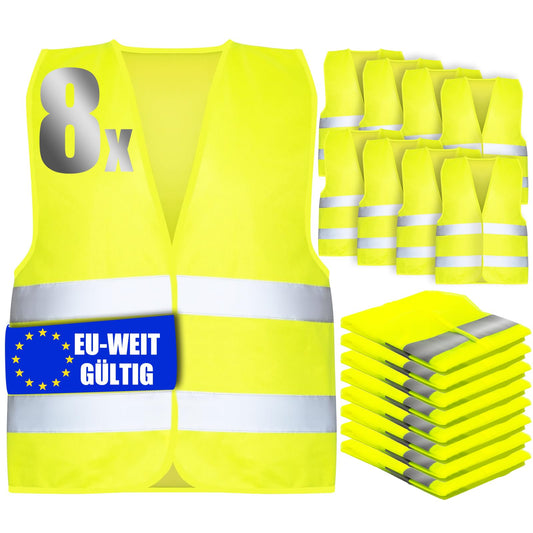 YSWOVUO warning vests for cars 8 pieces, valid throughout Europe according to EN ISO 20471, adult warning safety vest, yellow safety vest for cars, emergency vest for men and women.