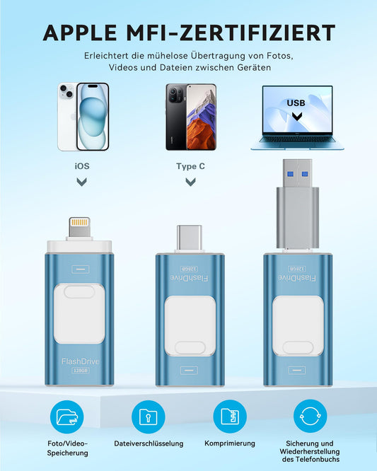 ROSPE USB Stick 128GB for iPhone, MFi-certified Lightning storage stick, 3-in-1 flash drive for iOS/Android/PC, USB 3.0 high-speed memory stick iPhone external storage expansion, Ash Blue