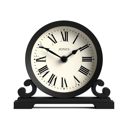JONES CLOCKS® Saloon Mantel Clock | Traditional double bell design | Black | Roman numerals | Classic style for desk, table, shelf, or nightstand