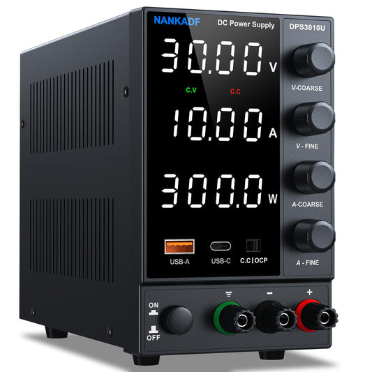 Adjustable laboratory power supply 30V 10A, variable DC power supply with USB-A/Type-C fast charging port, highly precise 4-LED display bench encoder control power supply.