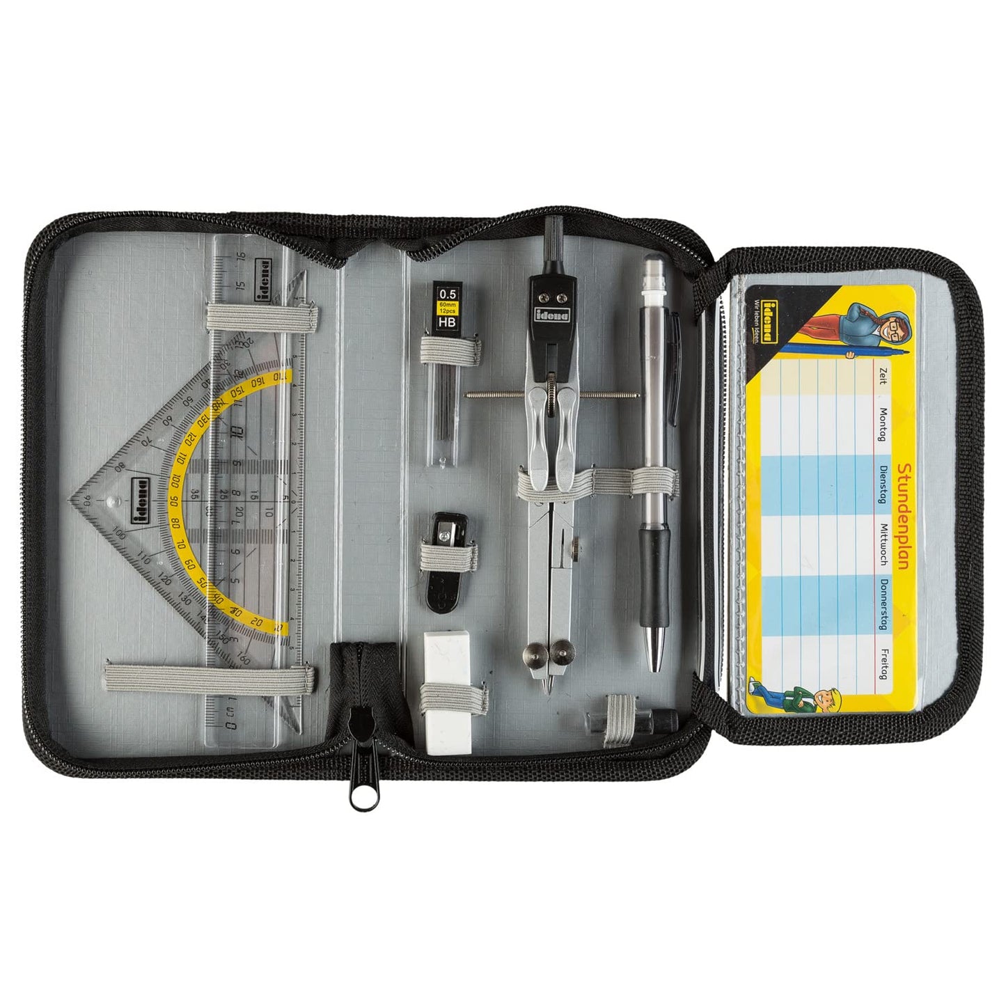 Idena 20066 - compass in case, 11-piece set, with protractor, ruler, spare leads for compass & Linex plastic protractor with handle, 30 cm, shatterproof and transparent