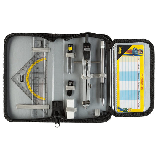 Idena 20066 - compass in case, 11-piece set, with protractor, ruler, spare leads for compass & Linex plastic protractor with handle, 30 cm, shatterproof and transparent