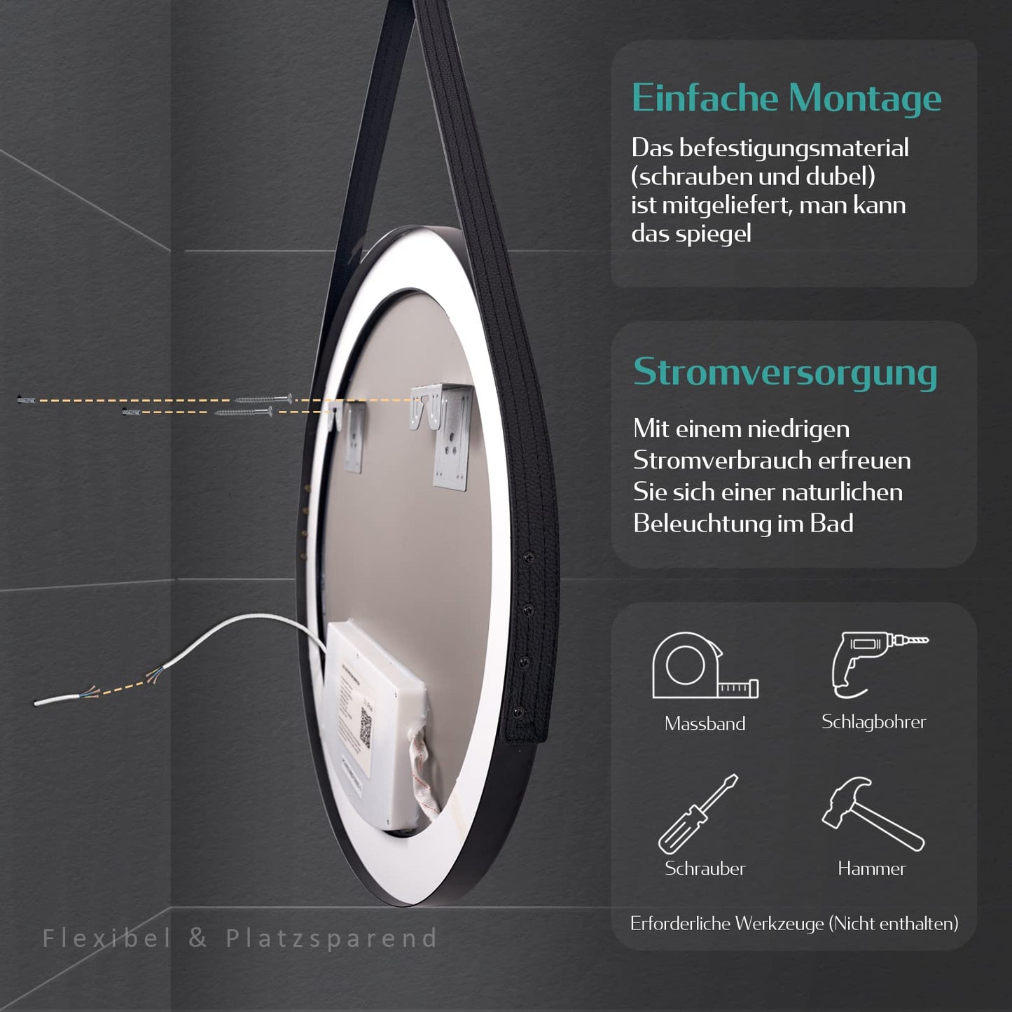 EMKE Round 60 cm bathroom mirror with lighting, touch control, 3 light colors, dimmable, memory function, adjustable strap, and 3-hour auto shutdown. IP44 bathroom mirror.
