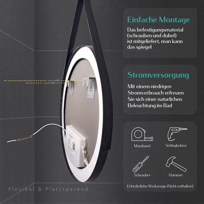 EMKE Round 60 cm bathroom mirror with lighting, touch control, 3 light colors, dimmable, memory function, adjustable strap, and 3-hour auto shutdown. IP44 bathroom mirror.