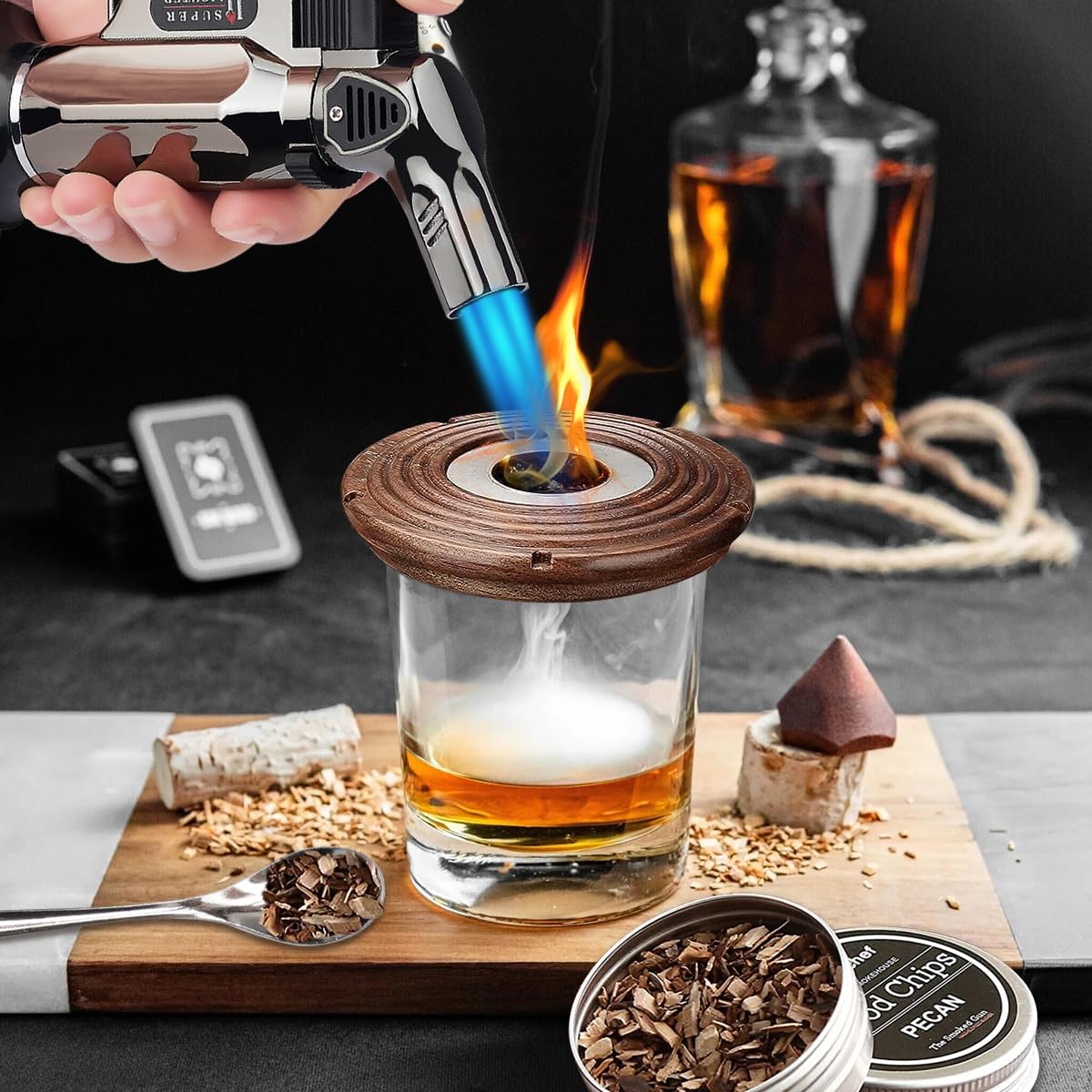 Cocktail Smoker Kit, comes with 4 cans of smoked wood chips. Old Fashioned Smoker Kit used for smoky cocktails, wine, whiskey, coffee, cheese, meat with.